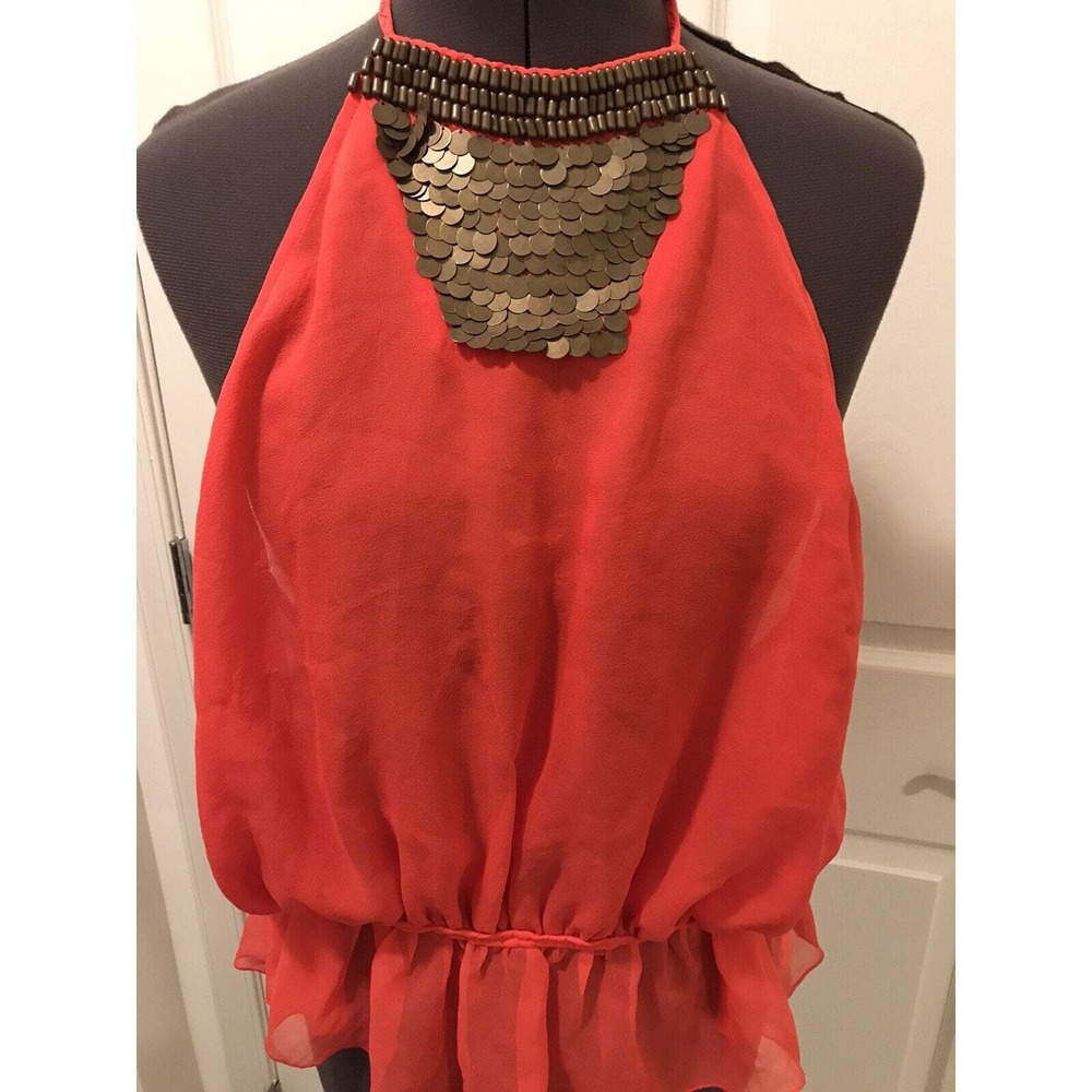 Jennifer Lopez Beaded Halter Top, LARGE, Mandarin Red, Sheer and Backless, JLO